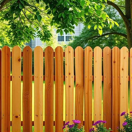 Completed cedar wood fence installation in Corryton TN surrounded by lush greenery and vibrant flowers.