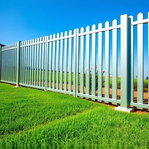 Completed aluminum fence installation in Knoxville TN with shiny panels, green grass, and blooming garden in background.