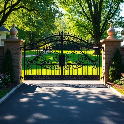 Double Drive Gate Installation in Knoxville TN with wrought iron design, stone pillars, and manicured lawn.