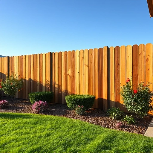 Sturdy wooden fence in Oliver Springs TN surrounded by lush landscaping and a clear blue sky showcasing craftsmanship.