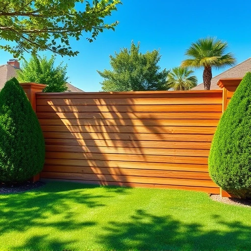 Horizontal wood fence installation in a suburban yard with lush grass and trimmed hedges in Knoxville TN.