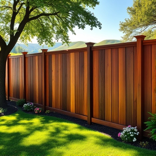 Completed cedar wood fence installation in Lenoir City TN with vibrant grass, flower beds, and rolling hills.