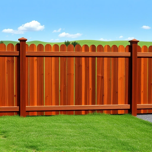 Completed wooden fence in Dandridge TN, stained mahogany, surrounded by vibrant lawn and serene landscape.