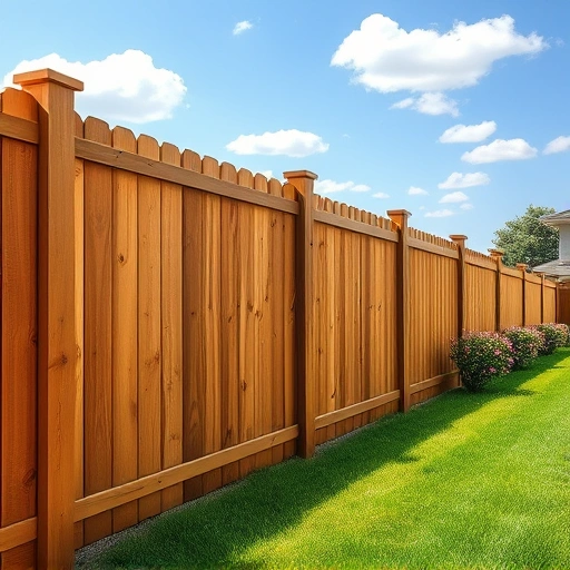 Completed wood fence installation in Tazewell TN with vibrant wooden planks and a lush green lawn under a blue sky.