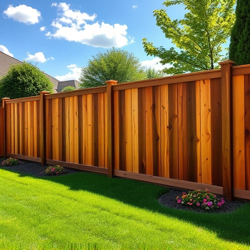 Completed wooden privacy fence in Caryville TN, showcasing rich hues, manicured lawn, and vibrant flower beds.