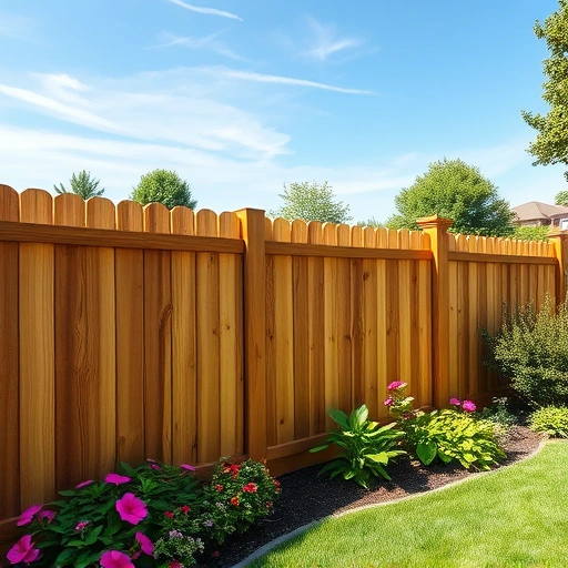 Completed wooden fencing installation in Norris TN surrounded by a lush garden with vibrant flowers and shrubs.