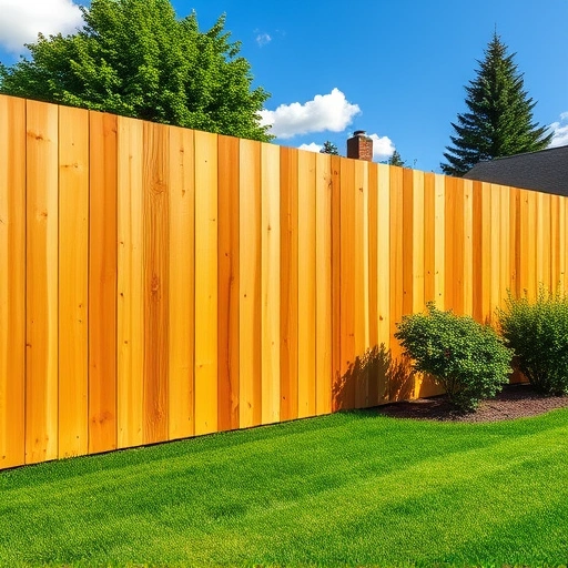 Completed wood fence installation in Blaine TN with smooth planks, lush lawn, and clear blue sky.