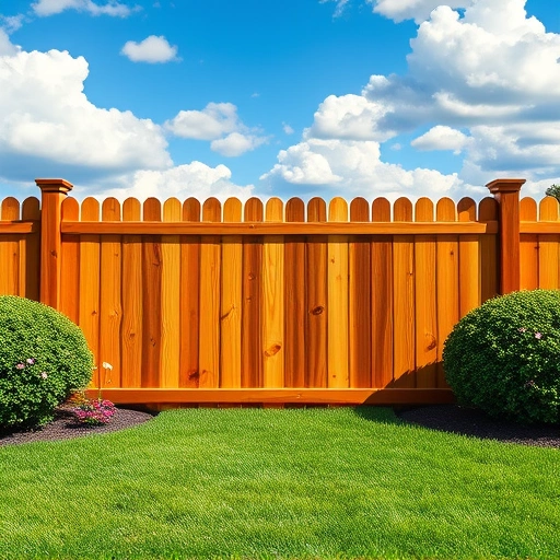 Beautiful wooden fence installation in Powell TN, surrounded by vibrant lawn, flowers, and blue sky.