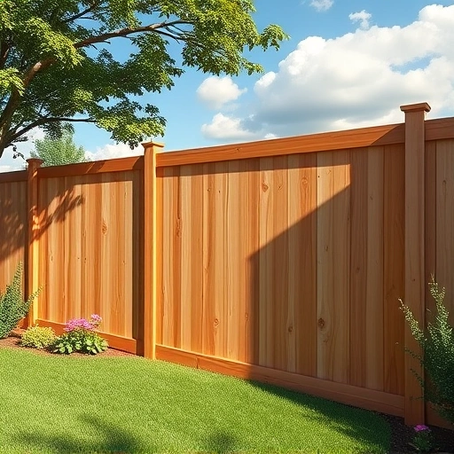 Wood fence installation in Farragut TN showcases elegant cedar wood blending with a manicured lawn and blue sky.