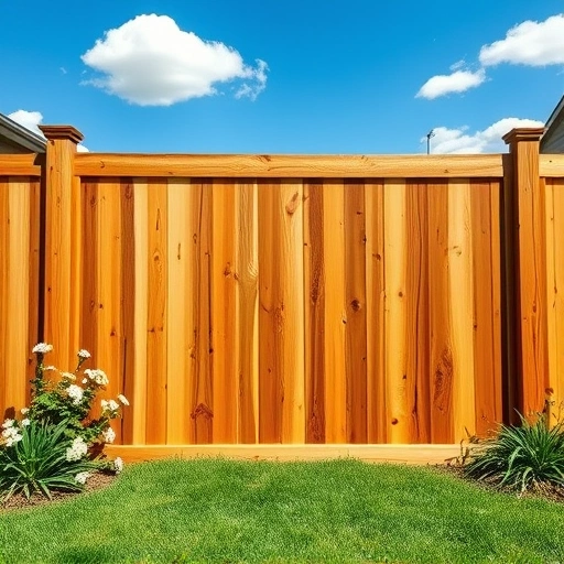 Completed cedar wood fence in Clinton TN, showcasing craftsmanship in a serene suburban backyard with flowers and blue sky.