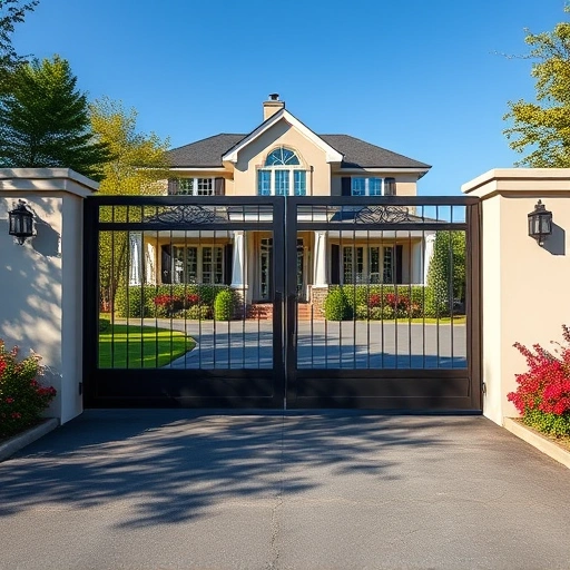 Sliding gate installation in Knoxville TN with polished metal surfaces, lush greenery, and a stylish home backdrop.