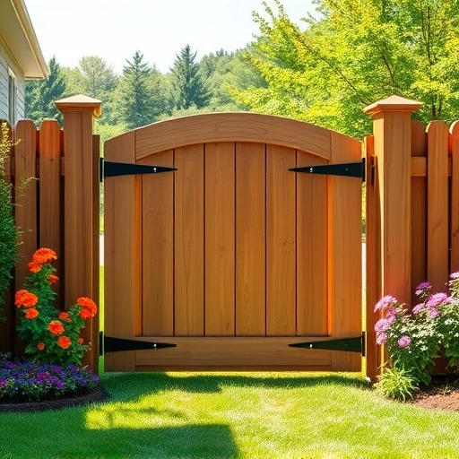 Beautifully crafted wooden fence gate installation in Knoxville TN, surrounded by lush greenery and vibrant flowers.