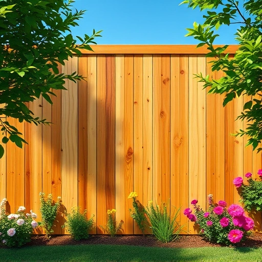Completed wooden fence in Clinton TN, framed by greenery and flowers under a clear blue sky, showcases quality craftsmanship.