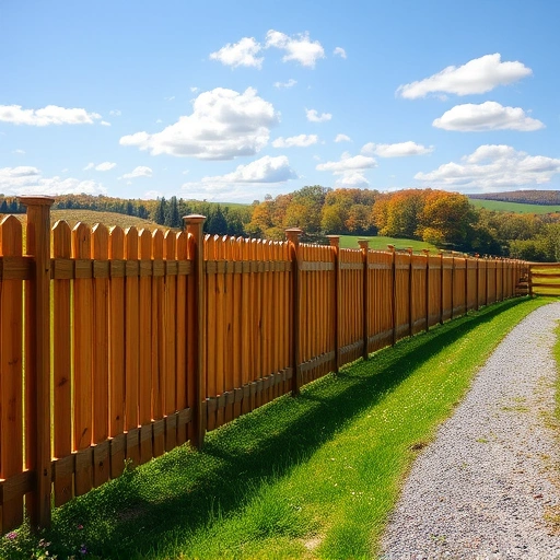 Wooden fence in Knoxville TN with polished cedar wood, manicured grass, wildflowers, and rolling hills in background.