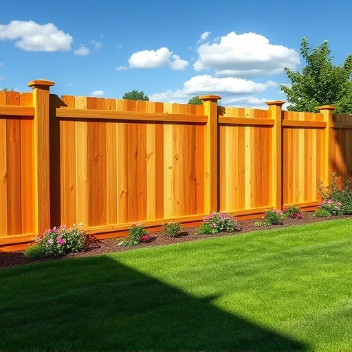 Completed wooden fence installation in Wartburg TN, surrounded by lush grass and vibrant flowers under a blue sky.