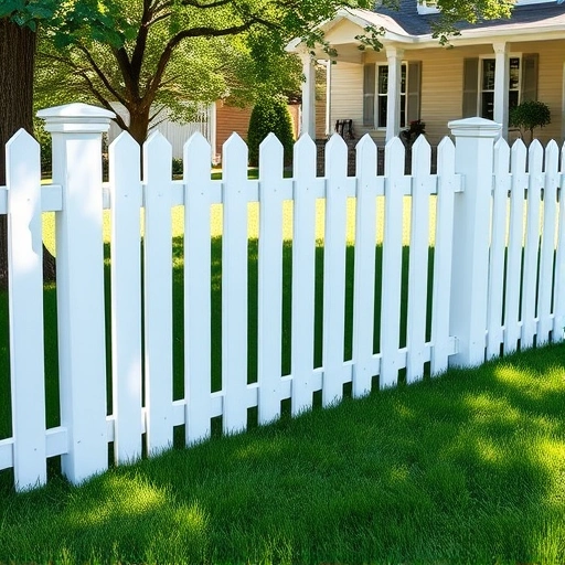 Completed picket fence in Knoxville TN with clean lines, vibrant lawn, charming home, and inviting atmosphere.