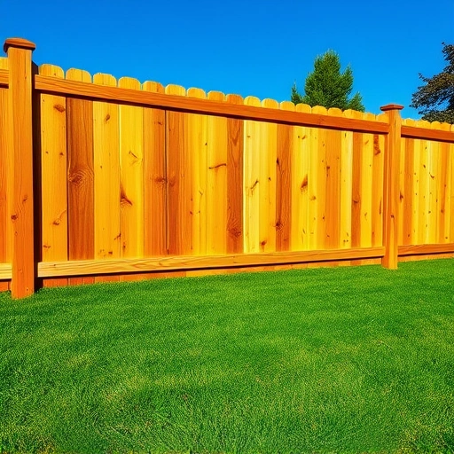 Beautiful wooden fence panel replacement in Knoxville TN with rich tones, surrounded by vibrant green lawn and blue sky.