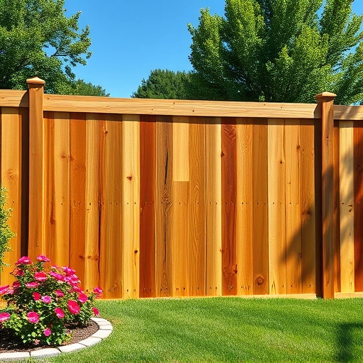 Completed wood fence installation in Loudon TN surrounded by a lush lawn and vibrant flowers under a clear blue sky.