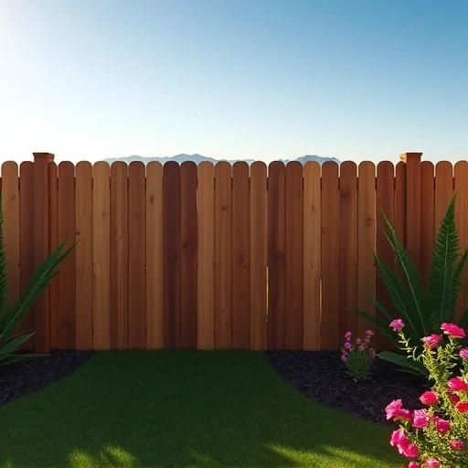 Completed wooden fence installation in Powell TN, surrounded by green grass and blooming flowers under a clear blue sky.