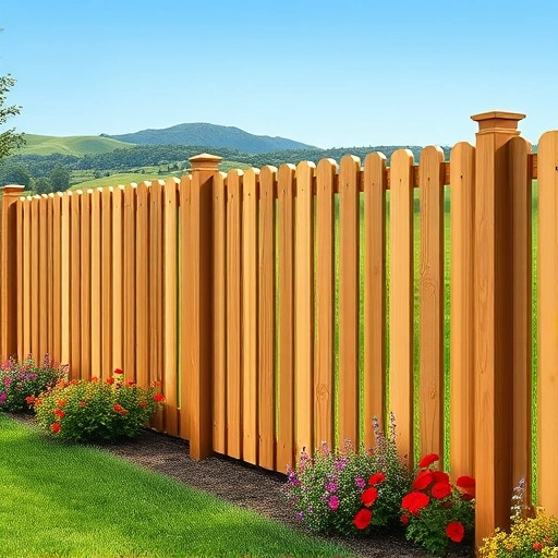 Completed wooden picket fence in Seymour TN with polished finish, vibrant flowers, and serene suburban background.