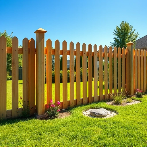 Completed scalloped picket fence in Knoxville TN surrounded by a lush lawn and vibrant flower beds under a blue sky.
