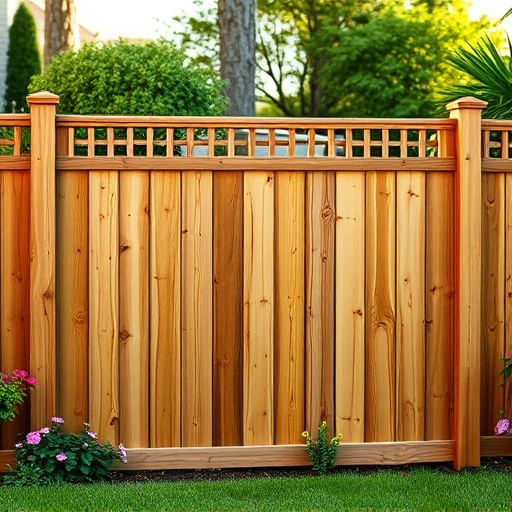 Lattice-top privacy fence installation in Knoxville TN with rich wood finish and a vibrant garden backdrop.