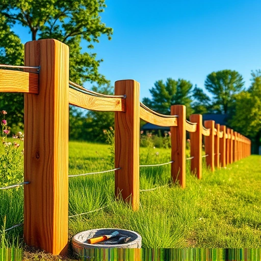 Fence post installation in Knoxville TN featuring handcrafted wooden posts, lush grass, wildflowers, and clear blue sky.