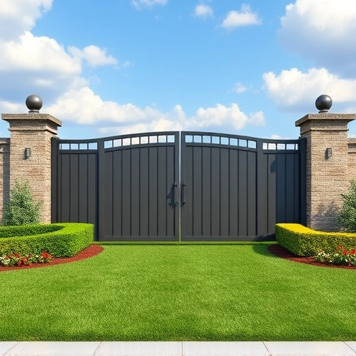 Sliding gate installation in Knoxville TN with sleek design, vibrant landscaping, and a clear blue sky backdrop.