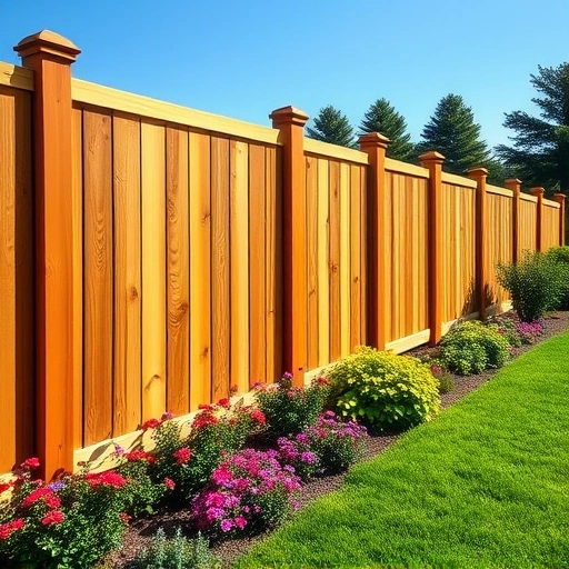 Completed wooden fence installation in Midway TN, surrounded by vibrant flowers and a lush green lawn.