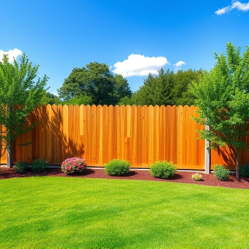 Completed wooden fence in Blaine TN, surrounded by green grass, flowers, and trees under a clear blue sky.