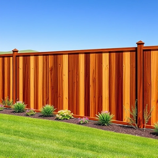 Redwood fence installation in Knoxville TN highlights rich wood hues, intricate grain, and a serene landscape.
