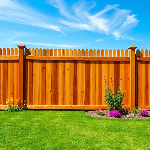 Beautiful wooden fence installation in Maryville TN with lush lawn and vibrant flowers under a clear blue sky.
