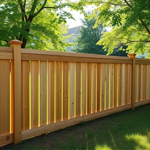 Completed wooden fence installation in Oak Ridge TN with natural finish, lush landscape, and soft sunlight ambiance.