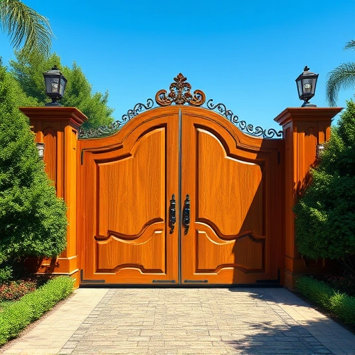 Completed wooden gate repair in Knoxville TN surrounded by lush greenery and cobblestone pathway under a clear blue sky.