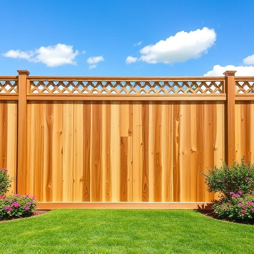 Completed Lattice-Top Privacy Fence in Knoxville TN featuring wooden slats, lush lawn, and clear blue sky backdrop.
