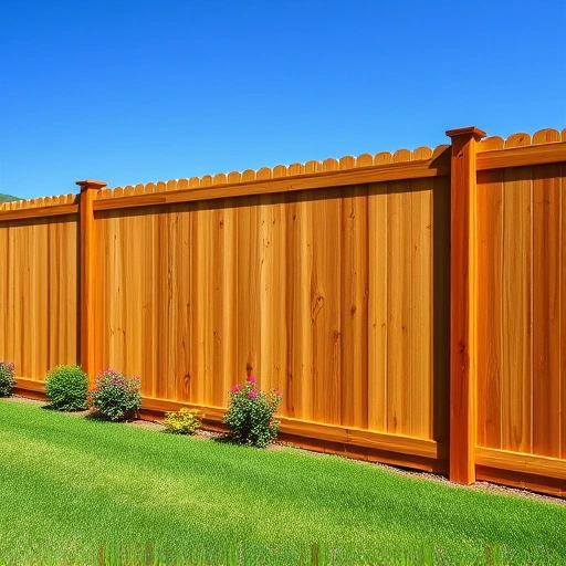 Completed wood fence installation in Maryville TN with rich wood grain, vibrant flowers, and rolling hills in the background.