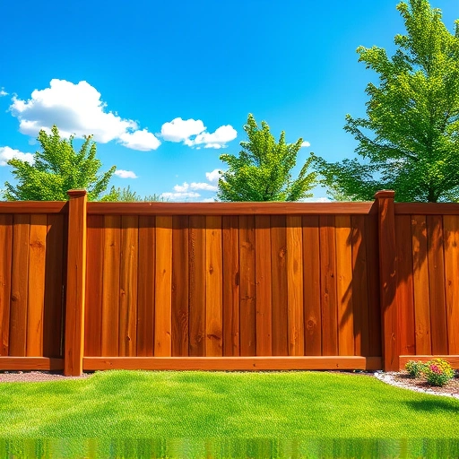 Newly built wooden fence in Knoxville TN with rich brown color, lush lawn, and blue sky creating a serene atmosphere.