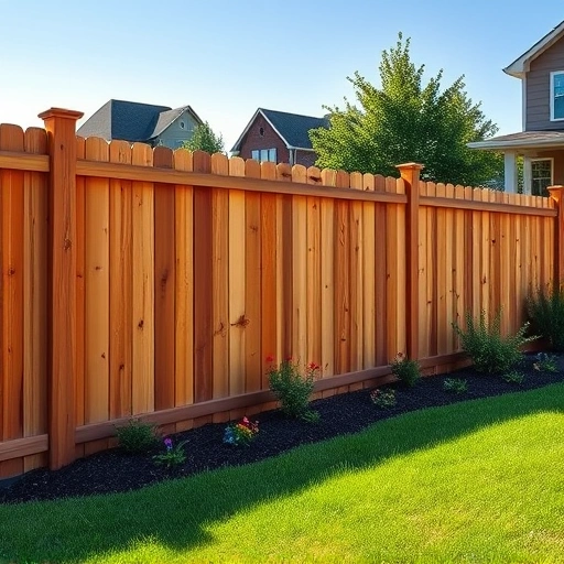 Stockade fence installation in Knoxville TN with detailed wood grain, green grass, flower beds, and blue sky backdrop.