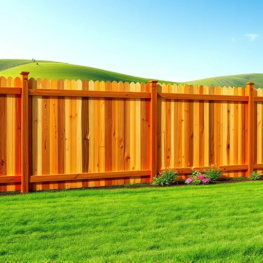 Completed wood fence installation in Caryville TN with rich tones, lush lawn, colorful flowers, and rolling hills.