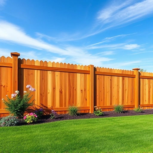 Completed cedar wood fence installation in Concord TN, showcasing craftsmanship with a lush green lawn and blue sky.