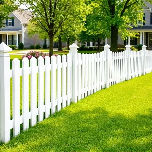 Completed scalloped picket fence in Knoxville TN with polished wood, vibrant lawn, trees, and flower beds.
