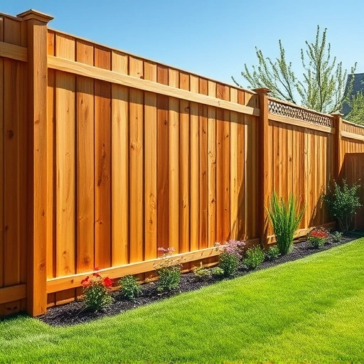 Beautiful wooden privacy fence in Morristown TN, surrounded by green grass and colorful flowers under a clear sky.