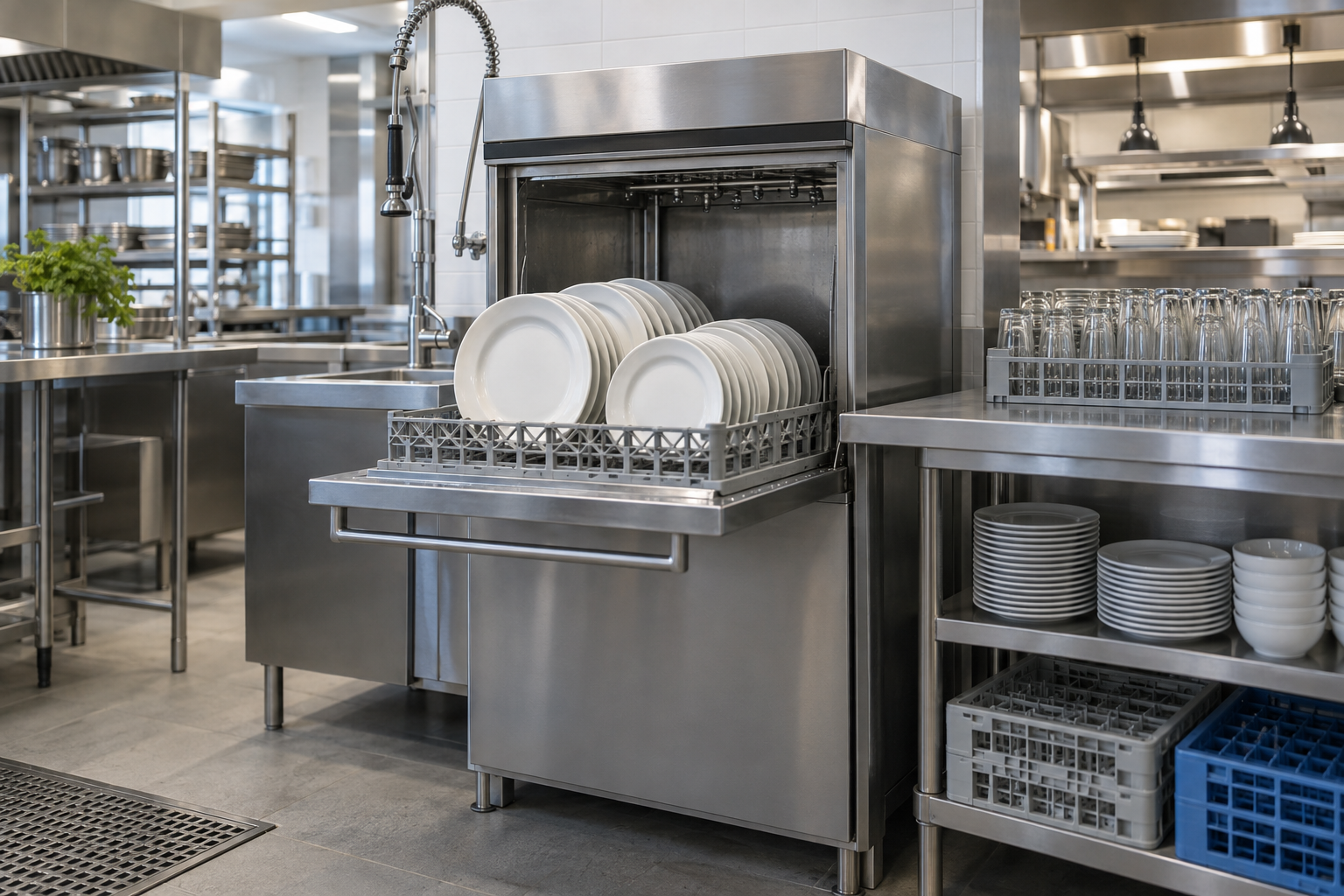 Commercial dishwasher in a professional kitchen