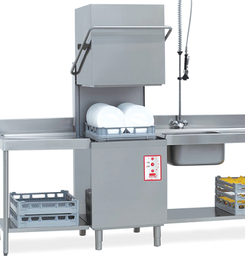 Pass-through commercial dishwasher with clean dish racks