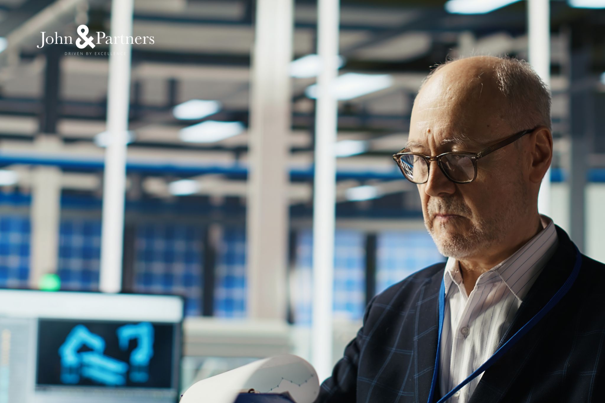 Lãnh đạo doanh nghiệp đứng trước chiến lược AI với các biểu tượng dữ liệu và công nghệ