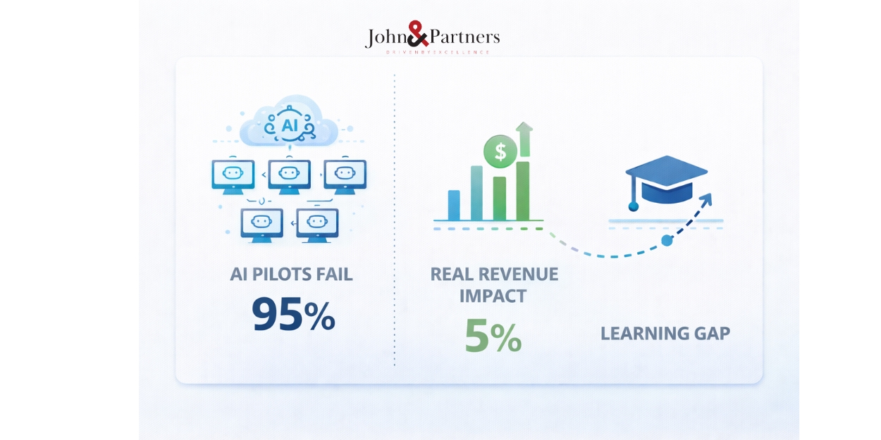 Biểu đồ thống kê 95% AI pilot thất bại, 5% tạo ra tăng trưởng doanh thu thực tế Biểu đồ thống kê 95% AI pilot thất bại, 5% tạo ra tăng trưởng doanh thu thực tế