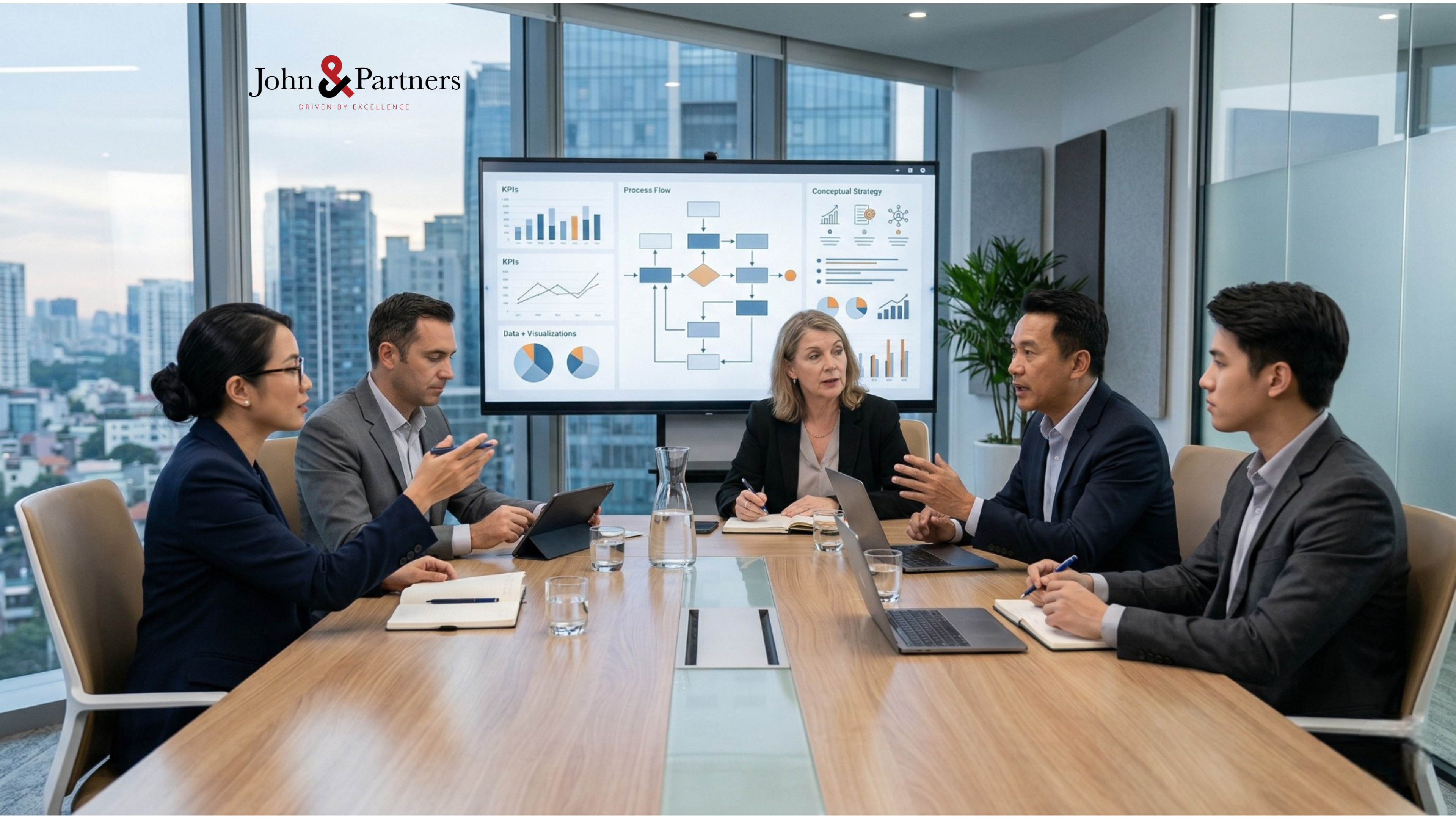 Nhóm quản lý doanh nghiệp đang thảo luận về cải tiến vận hành nội bộ