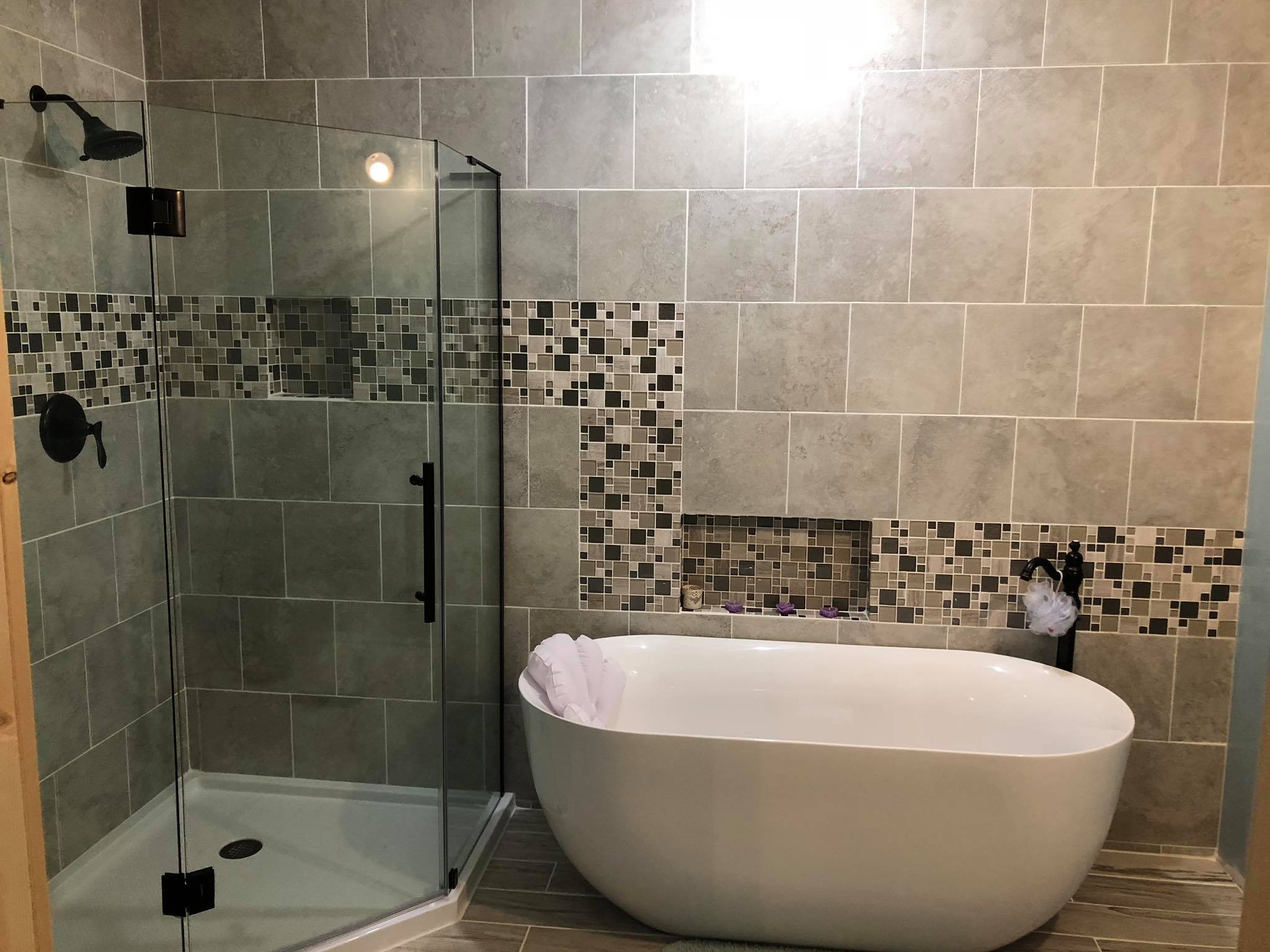 Bathroom Remodeling — Freestanding soaker tub, glass corner shower