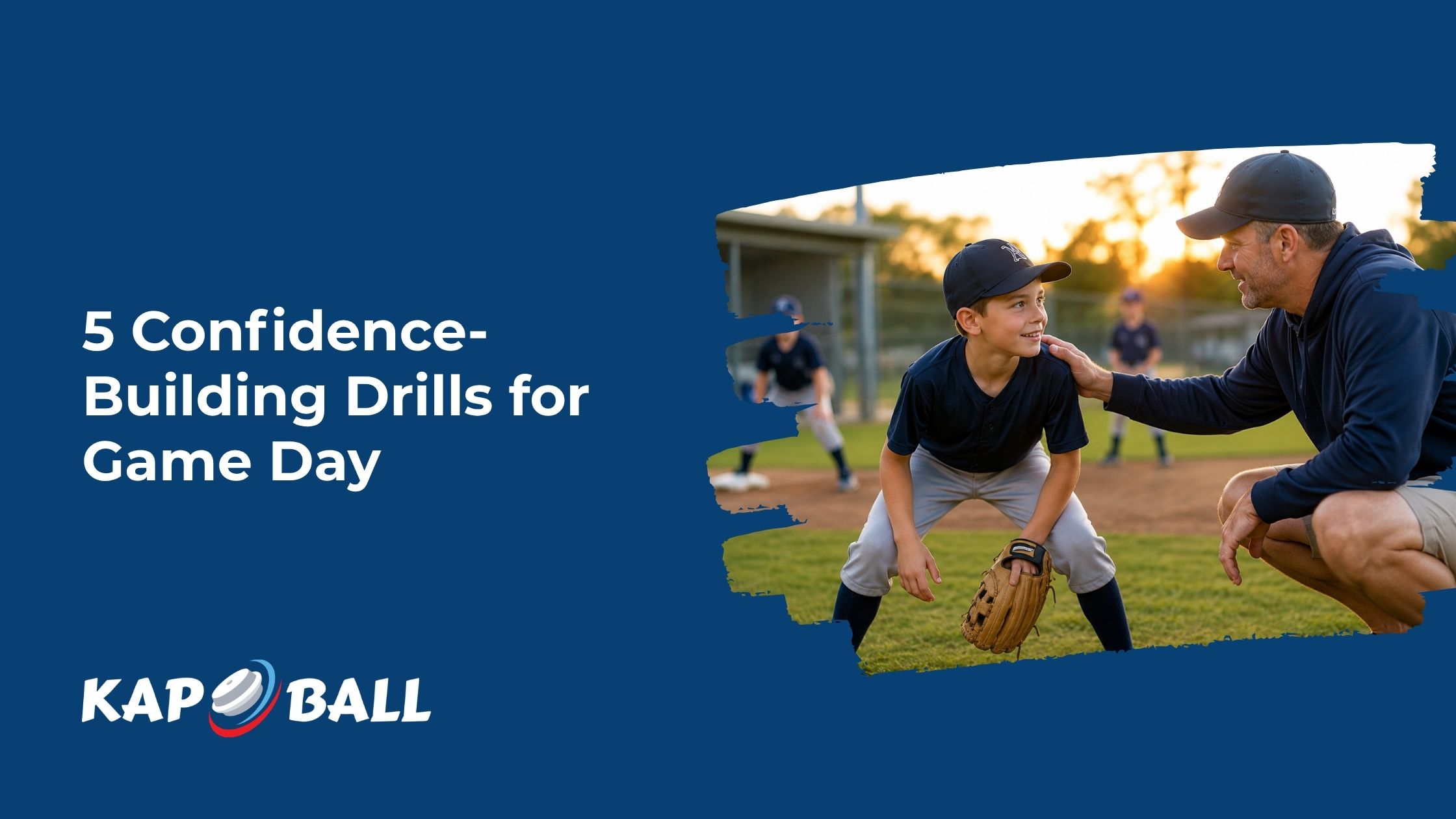 Youth baseball coach encouraging a young player during pre-game fielding practice at sunset