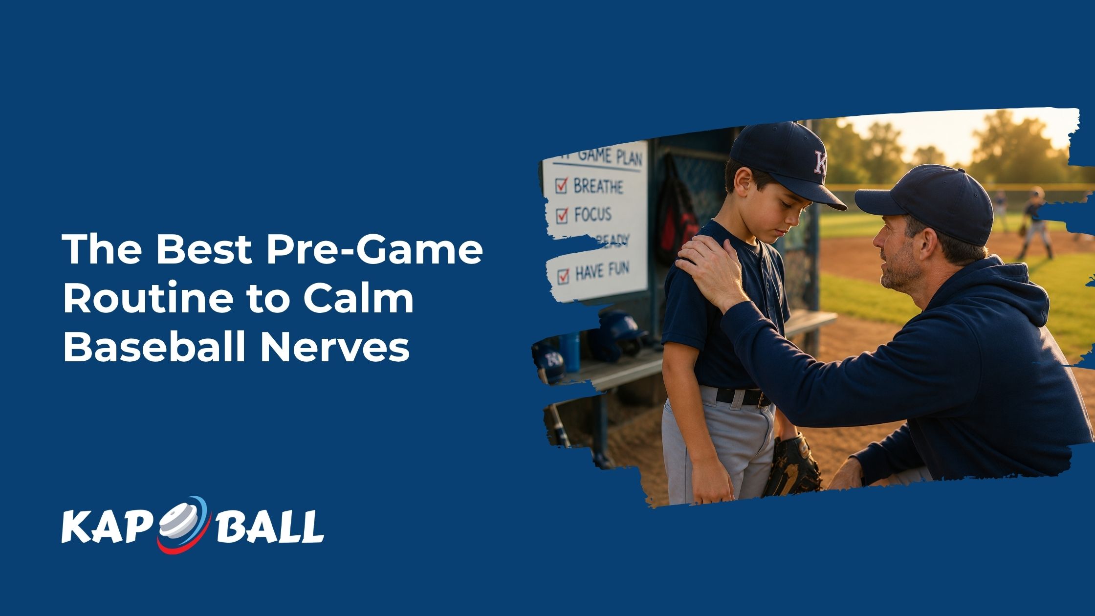 Youth baseball coach calming a nervous young player before a game in the dugout at sunset